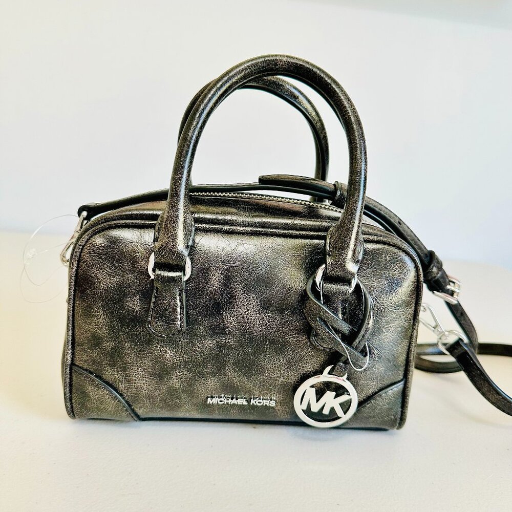 MICHAEL KORS TWO-WAY THOMPSON GUNMETAL BLACK LEATHER XS SATCHEL CROSSBODY BAG
